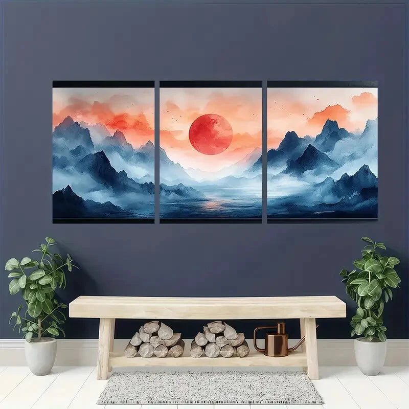 3pcs Abstract Landscape Illustration Watercolor Metal Print Ready to Hang Art - Bella Home Decor
