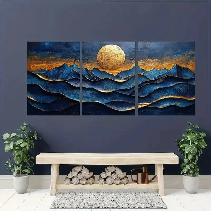 3pcs Blue and Golden Texture Natural Landscape Metal Print Ready to Hang Art - Bella Home Decor