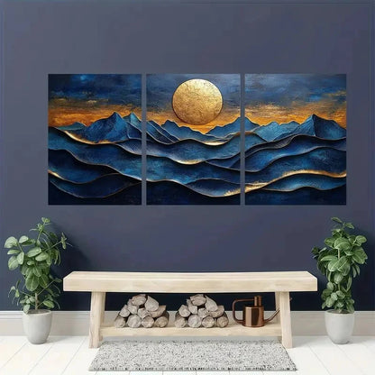 3pcs Blue and Golden Texture Natural Landscape Metal Print Ready to Hang Art - Bella Home Decor
