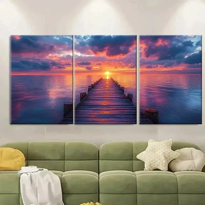 3pcs Seascape Pier at Dusk ER  Wall Art Set Canvas Framed 40x60cm - High Quality Print 100% Australian Made Wall Canvas Ready to Hang