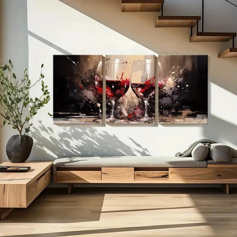 3pcs Abstract Red Wine Glasses Winery Metal Print Ready to Hang Art - Bella Home Decor