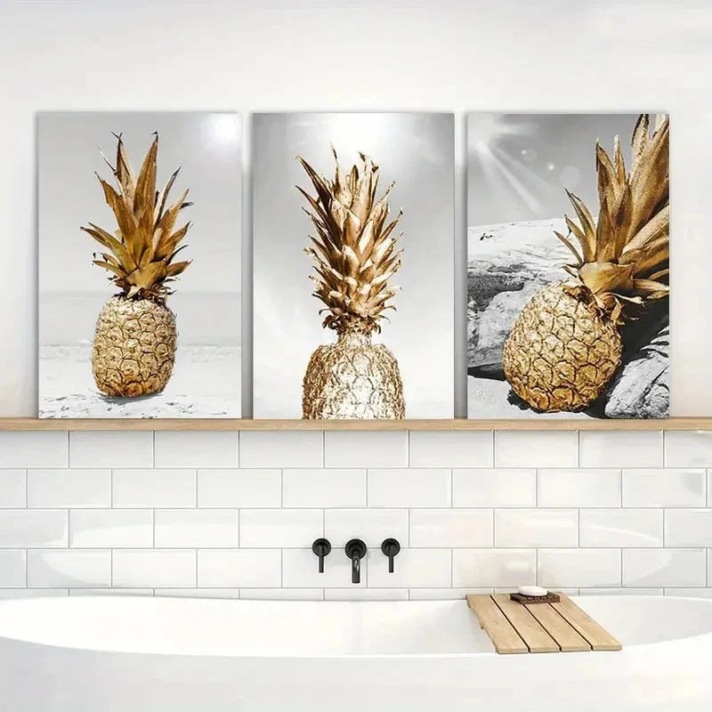 3pcs Pineapple Painting Black Wall Art Metal Print Ready to Hang Art - Bella Home Decor