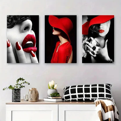 3pcs Chic Red Hat & Lipstick Fashion Perfect Wall Art Set Canvas Framed 50x70cm - High Quality Print 100% Australian Made Wall Canvas Ready to Hang - Bella Home Decor