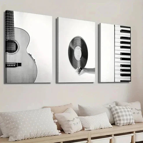 3pcs Black and White Guitar Vinyl Record & Piano Wall Art Set Canvas Unframed - High Quality Print 100% Australian Made Wall Canvas - Bella Home Decor