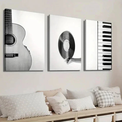 3pcs Black and White Guitar Vinyl Record & Piano Wall Art Set Canvas Unframed - High Quality Print 100% Australian Made Wall Canvas - Bella Home Decor