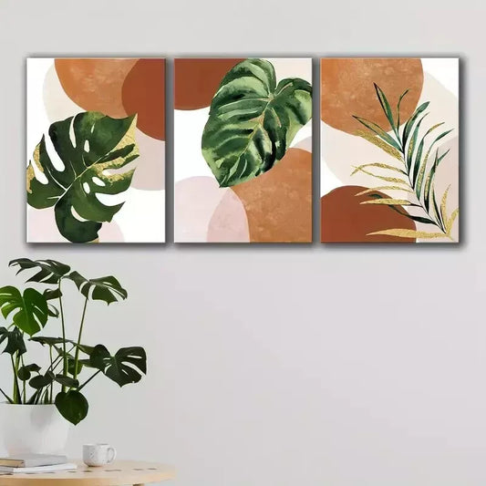 3pcs Green and Golden Leaf Mid-Century Modern Wall Art Set Canvas Framed 50x70cm - High Quality Print 100% Australian Made Wall Canvas Ready to Hang