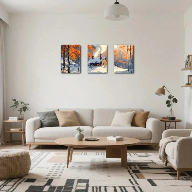 3pcs Autumn Winter Landscape with Orange Trees Metal Print Ready to Hang Art