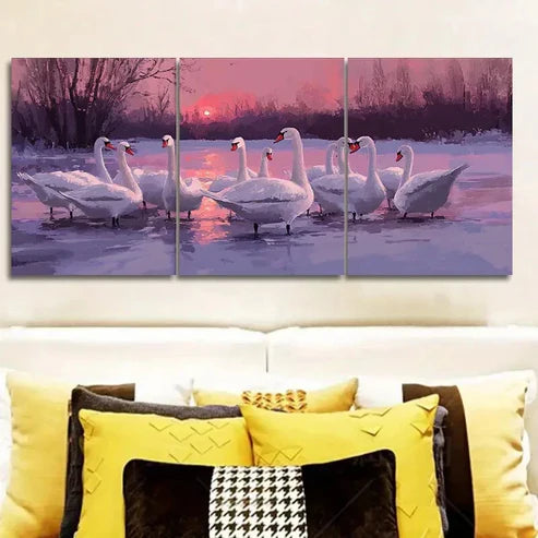 3pcs A flock of swans in a lake Wall Art Set Canvas Unframed - High Quality Print 100% Australian Made Wall Canvas - Bella Home Decor