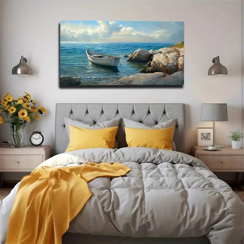 Serene White Boat Shallow Sea Wall Art Canvas Office Home Room Framed 120x60cm - Bella Home Decor
