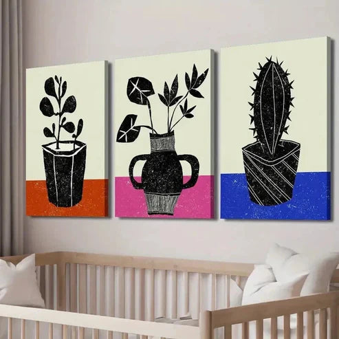 3pcs Botanical Leaf Cactus Silhouette Wall Art Set Canvas Unframed - High Quality Print 100% Australian Made Wall Canvas - Bella Home Decor
