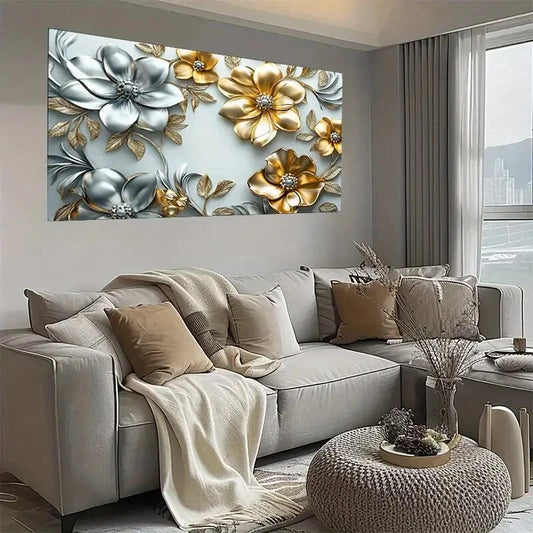 Modern Floral Golden & Silver Wall Art wall canvas office home room framed 120x60cm - Bella Home Decor