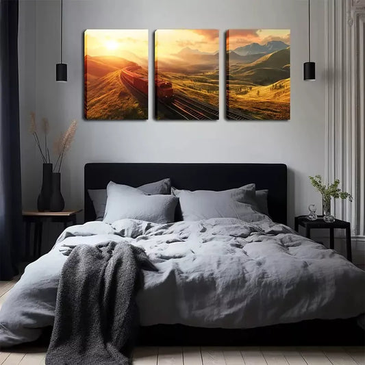 3pcs Scenic Mountain Train Warm Sunset Landscape Wall Art Set Canvas Framed 40x60cm - High Quality Print 100% Australian Made Wall Canvas Ready to Hang