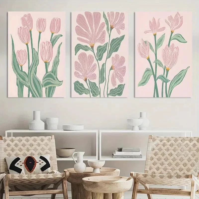 3pcs Boho Pink Tulips d Floral Botanical Painting Metal Print Ready to Hang Art - Bella Home Decor