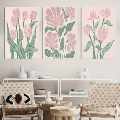 3pcs Boho Pink Tulips d Floral Botanical Painting Metal Print Ready to Hang Art - Bella Home Decor