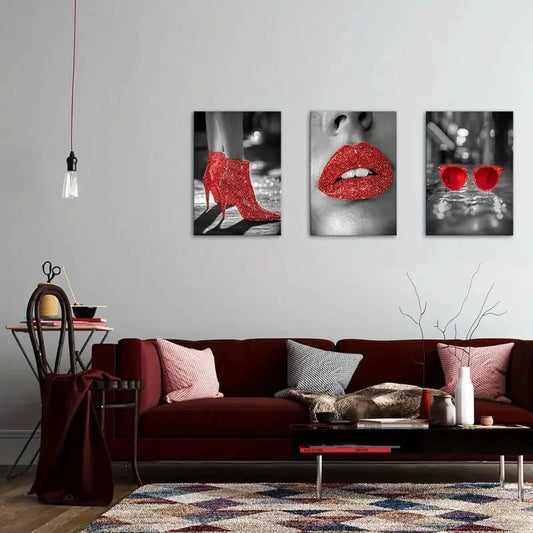 3pcs Red Lips Fashion High Heels Fashion Metal Print Ready to Hang Art