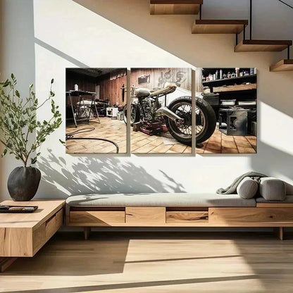 3pcs Motorcycle Workshop with Tools and Parts Wall Art Set Canvas Framed 50x70cm - High Quality Print 100% Australian Made Wall Canvas Ready to Hang