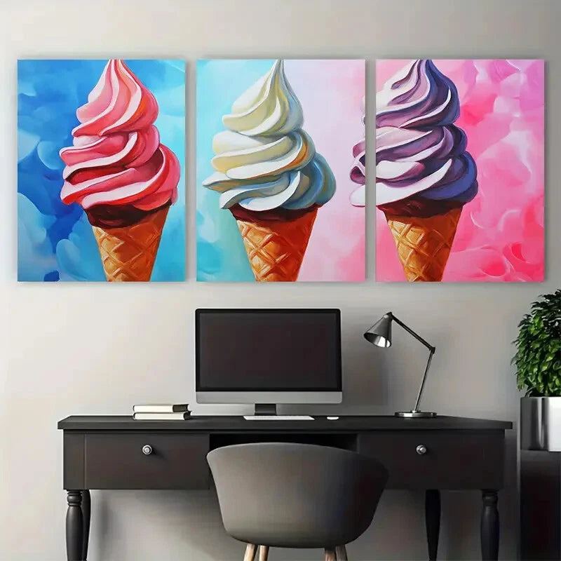 3pcs Vibrant Ice Cream Food Illustration Metal Print Ready to Hang Art - Bella Home Decor