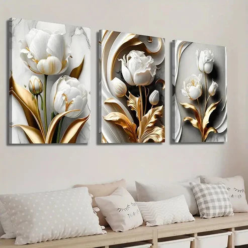 3pcs Golden & White Tulips with Marble Texture Wall Art Set Canvas Unframed - High Quality Print 100% Australian Made Wall Canvas - Bella Home Decor