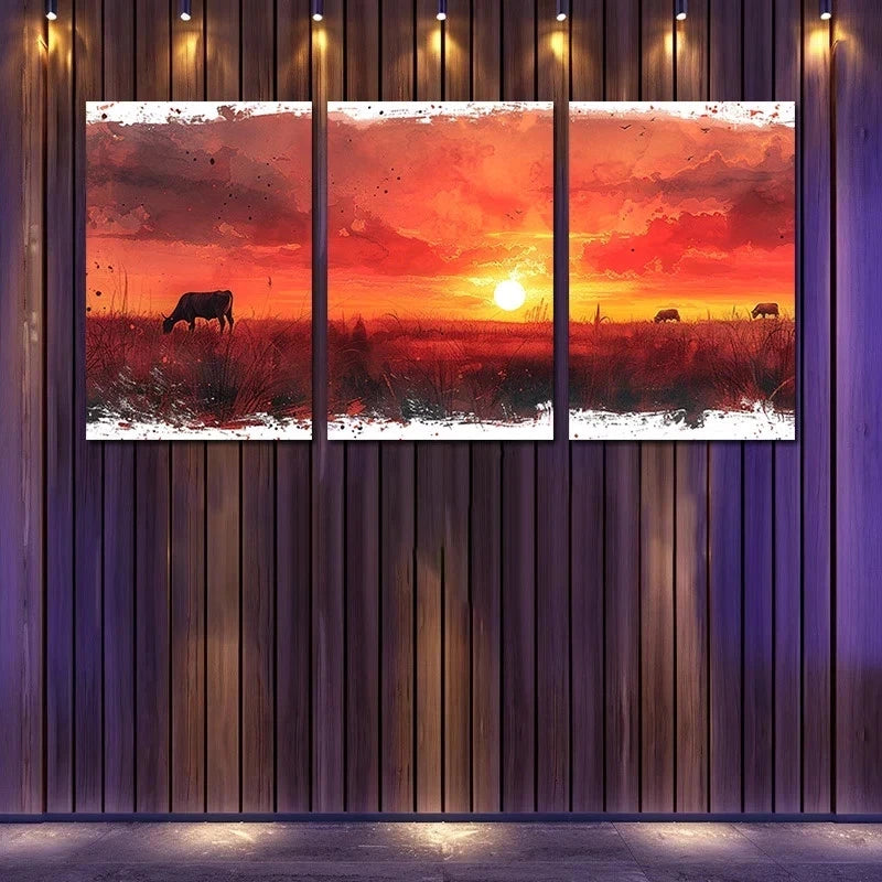 3pcs 3pcs Charming Sunset Cows & Sheep Metal Print Ready to Hang Art - Bella Home Decor