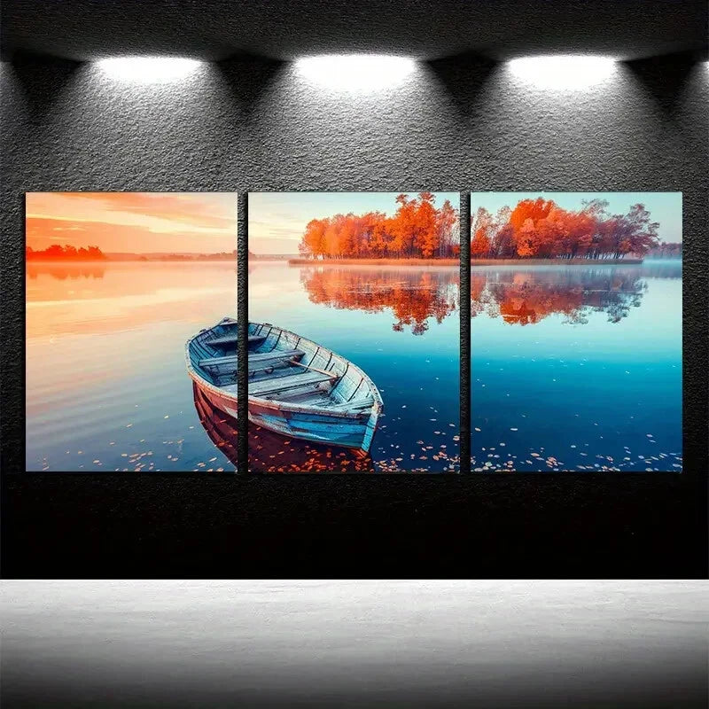 3pcs Water Reflections and Wooden Boat Metal Print Ready to Hang Art - Bella Home Decor
