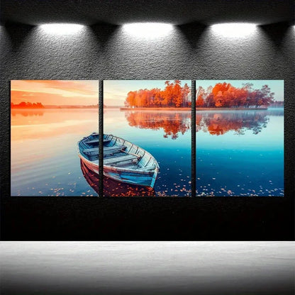 3pcs Water Reflections and Wooden Boat Metal Print Ready to Hang Art - Bella Home Decor