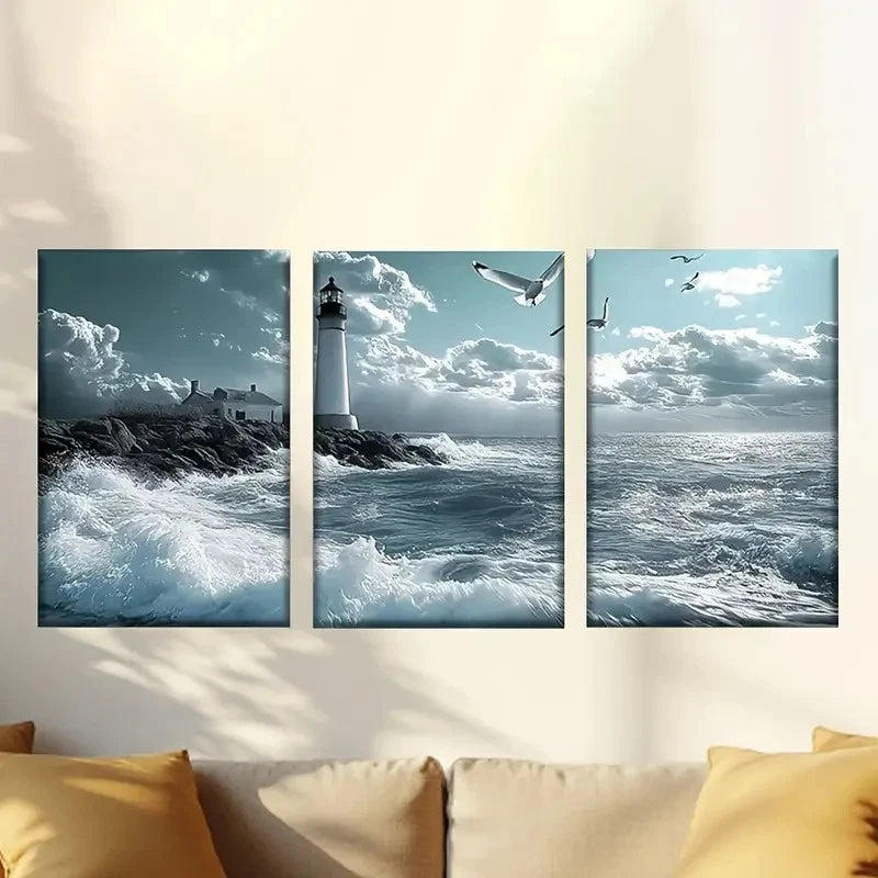 3pcs lighthouse on a rocky shore Wall Art Set Canvas Framed 50x70cm - High Quality Print 100% Australian Made Wall Canvas Ready to Hang