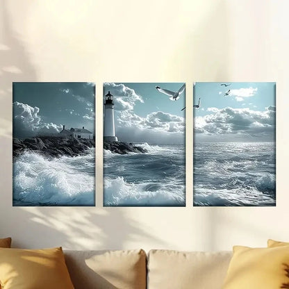 3pcs lighthouse on a rocky shore Wall Art Set Canvas Framed 50x70cm - High Quality Print 100% Australian Made Wall Canvas Ready to Hang