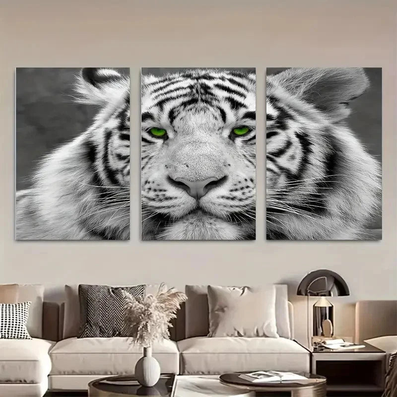 3pcs White Tiger Close-Up Green Eyes Metal Print Ready to Hang Art