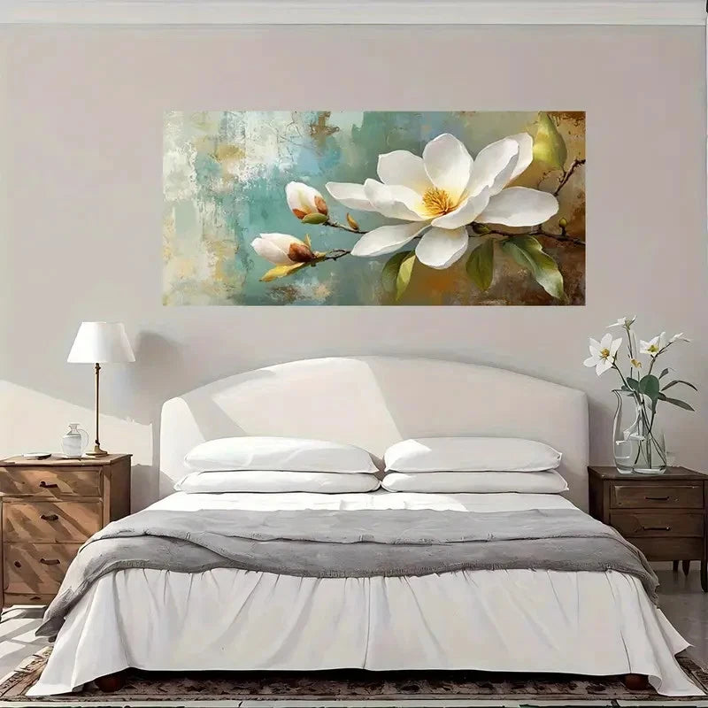 Elegant White Magnolia Blossom Wall Art Canvas Office Home Room Framed 120x60cm