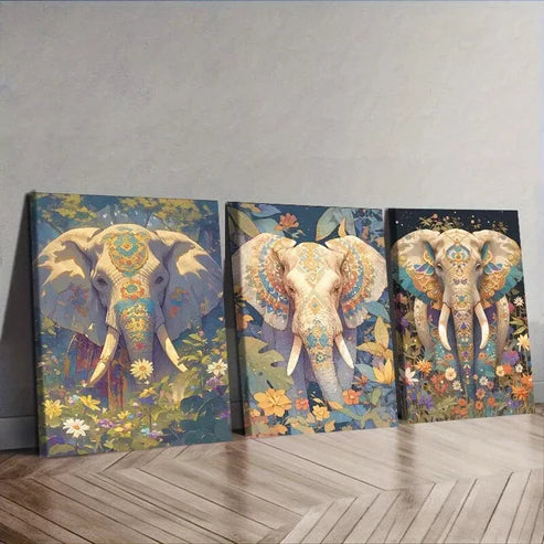 3pcs Featuring An Elephant With Floral Designs Wall Art Canvas Unframed - High Quality Print 100% Australian Made Wall Canvas