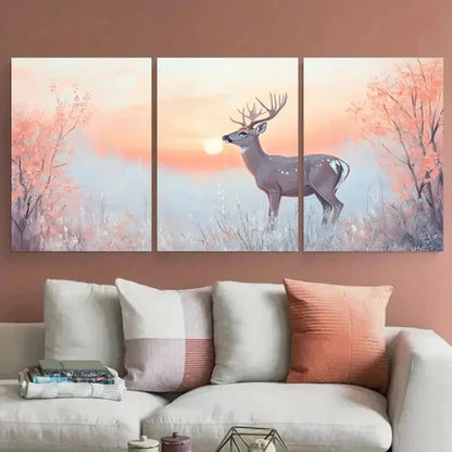 3pcs Graceful Deer under Soft Pastel Sunrise Wall Art Set Canvas Unframed - High Quality Print 100% Australian Made Wall Canvas