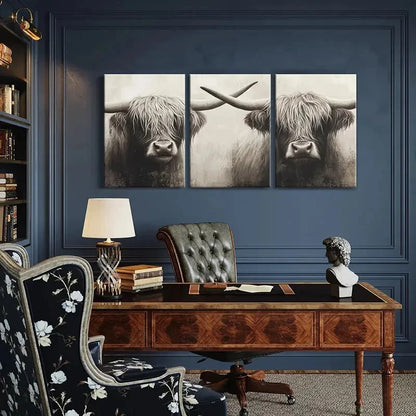3pcs Highland Cattle Wildlife Painting Art Metal Print Ready to Hang Art - Bella Home Decor