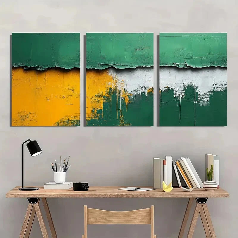 3pcs Green & White Abstract Minimalist Textured Metal Print Ready to Hang Art - Bella Home Decor