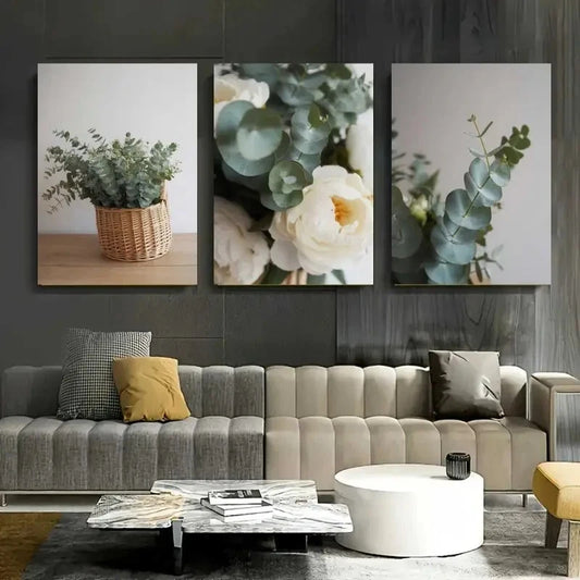 3pcs Eucalyptus Leaves, White Peonies Wall Art Set Canvas Framed 50x70cm - High Quality Print 100% Australian Made Wall Canvas Ready to Hang