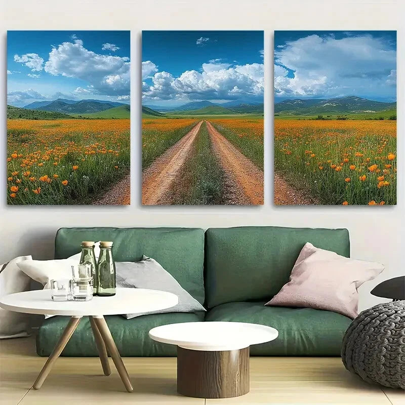 3pcs Vibrant Orange Poppy Field with Hills & Blue Metal Print Ready to Hang Art