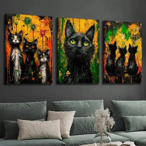 3pcs Vibrant Black Cat Wall Art Set Canvas Unframed - High Quality Print 100% Australian Made Wall Canvas