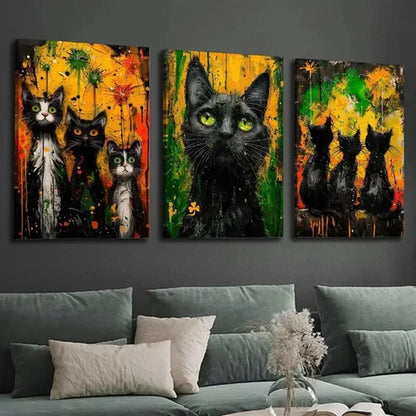 3pcs Vibrant Black Cat Wall Art Set Canvas Unframed - High Quality Print 100% Australian Made Wall Canvas