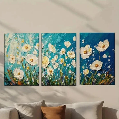 3pcs White Flowers on a Blue Background Wall Art Set Canvas Unframed – High Quality Print 100% Australian Made Wall Canvas