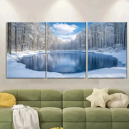 3pcs Snowy Woodland Forest with Frozen Lake F   Wall Art Set Canvas Framed 40x60cm - High Quality Print 100% Australian Made Wall Canvas Ready to Hang