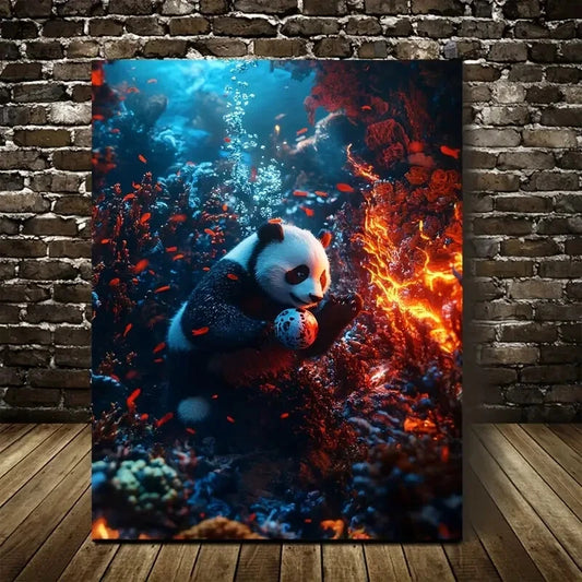 Panda Playing With Ball Underwater In Coral Painting 40x60cm Metal Print Ready to Hang - Bella Home Decor