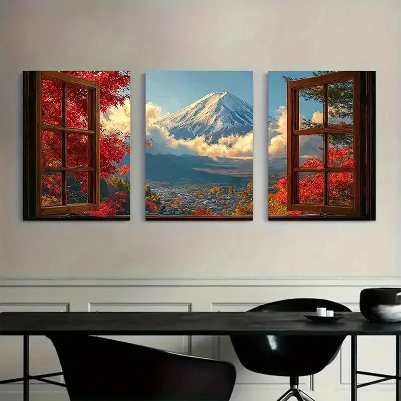 3pcs Autumn Leaves Open Window Metal Print Ready to Hang Art - Bella Home Decor