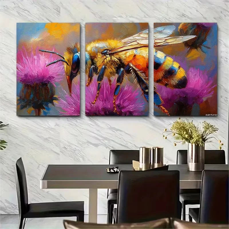 3pcs Thistle Painting Honeybee Metal Print Ready to Hang Art