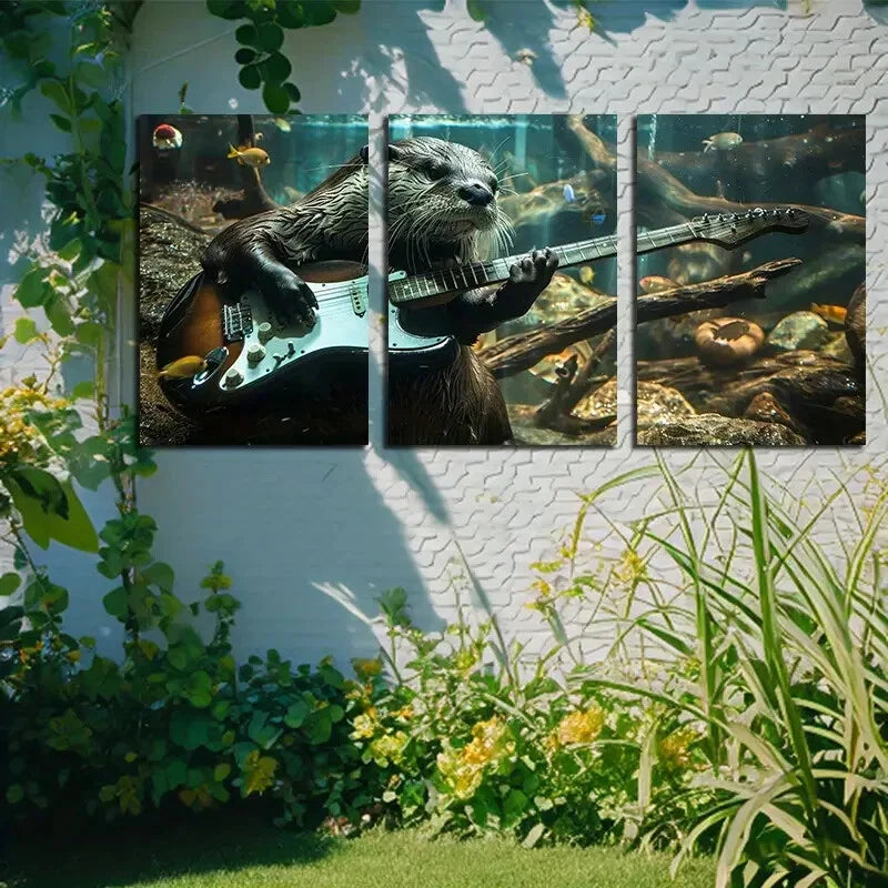 3pcs An Otter Playing Guitar Illustration Metal Print Ready to Hang Art - Bella Home Decor