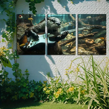 3pcs An Otter Playing Guitar Illustration Metal Print Ready to Hang Art - Bella Home Decor