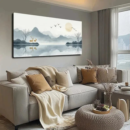 Serene Mountain And Lake Wall Art canvas office home room framed 120x60cm