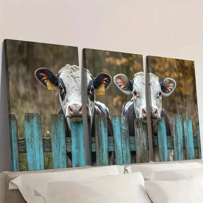 3pcs Rustic Cows Peeking Through Fence Wall Art Canvas Unframed - High Quality Print 100% Australian Made Wall Canvas