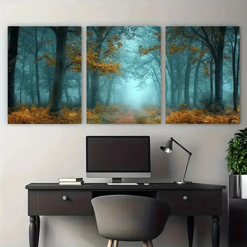 3pcs Enchanting Misty Woodland Fairytale Forest Metal Print Ready to Hang Art - Bella Home Decor