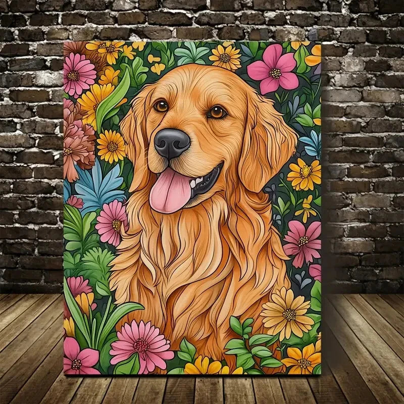 Vibrant Golden Retriever with Colorful Floral Painting 40x60cm Metal Print Ready to Hang - Bella Home Decor