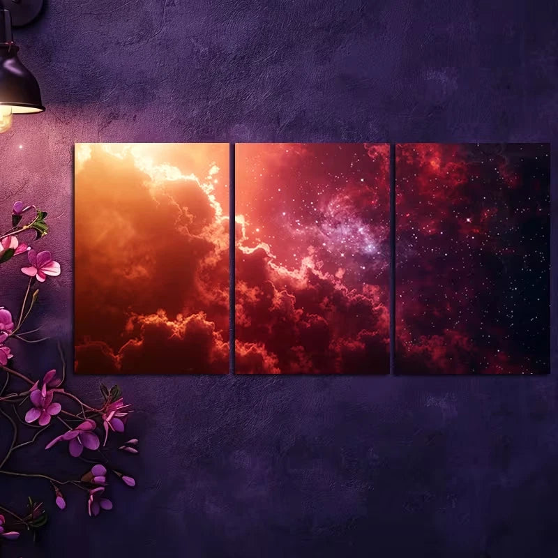 3pcs Nebula with Red and Pink Glowing Gas Clouds Wall Art Set Canvas Framed 50x70cm - High Quality Print 100% Australian Made Wall Canvas Ready to Hang