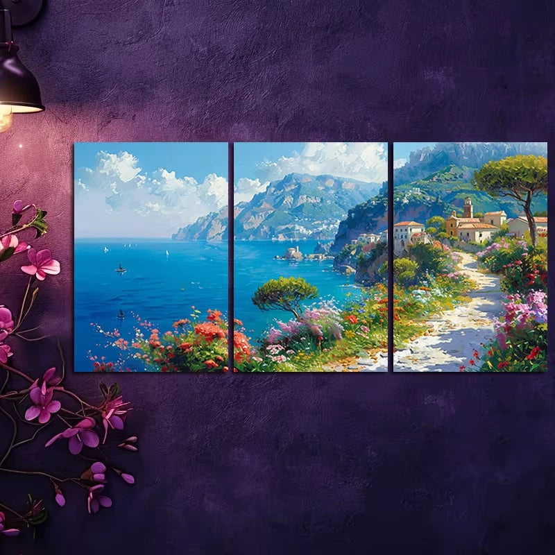 3pcs Vibrant Mediterranean Landscape with Floral Wall Art Set Canvas Framed 50x70cm - High Quality Print 100% Australian Made Wall Canvas Ready to Hang